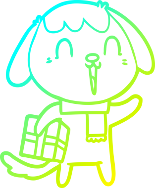 Bir insan tarafından çizilmiş noel hediyeli şirin bir köpeğin soğuk gradyan çizimi.