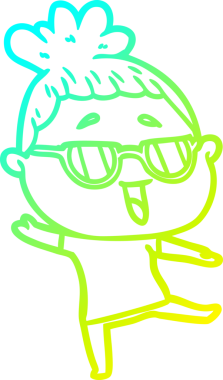 Bir insan tarafından çizilmiş gözlük takan mutlu bir kadının çizgi film çizimi.