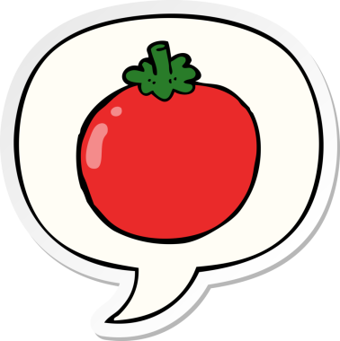 Bir insan tarafından çizilmiş konuşma kabarcığı çıkartmalı domates çizgi filmi.