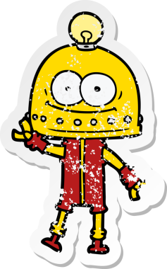 Bir insan tarafından çizilmiş ampullü mutlu bir robot çıkartması.