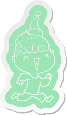 Bir insan tarafından çizilmiş Noel Baba şapkası giyen mutlu bir çocuğun garip çizgi film çıkartması.