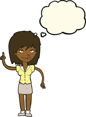 Bir insan tarafından çizilmiş düşünce baloncuğu fikri olan karikatür kadın.