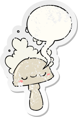 Çizgi film mantarı, komik bulutlu, konuşma baloncuklu, sıkıntılı, yaşlı bir insan tarafından çizilmiş bir çıkartma.