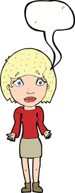 Bir insan tarafından çizilmiş konuşma baloncuğuyla omuz silken çizgi film kadını.