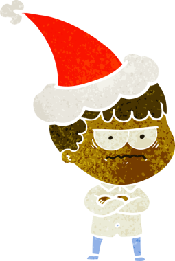 Bir insan tarafından çizilmiş Noel Baba şapkası giymiş sinirli bir adamın el çizimi karikatürü.