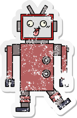 Bir insan tarafından çizilmiş sevimli bir robot çizgi film çıkartması.