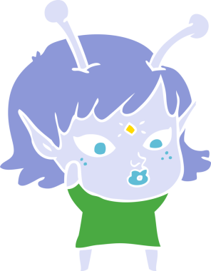 Bir insan tarafından çizilmiş düz renk çizgi film uzaylı kızı.