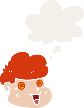 Düşünce baloncuğu olan çizgi film çocuğunun yüzü bir insan tarafından çizilmiş.