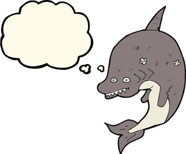Bir insan tarafından çizilmiş düşünce baloncuklu çizgi film köpekbalığı.