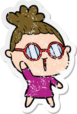 Bir insan tarafından çizilmiş gözlük takan karikatürlü bir kadının sıkıntılı çıkartması.