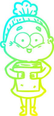 Bir insan tarafından çizilmiş, mutlu, yaşlı bir kadının çizimi.