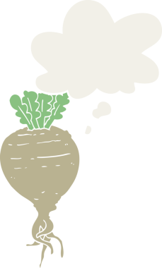 Düşünce baloncuğu olan karikatür kökü sebzesi insan tarafından çizilmiş.