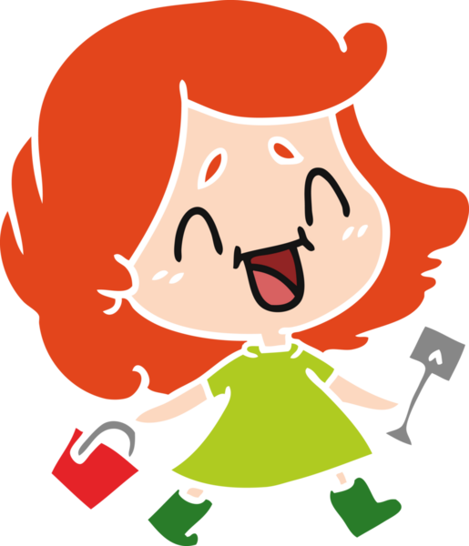 Bir insan tarafından çizilmiş kovalı ve kürekli tatlı kawaii kız çizimi.