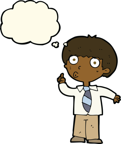 Bir insan tarafından çizilmiş düşünce baloncuğuyla ilgili soru soran bir okul çocuğu.