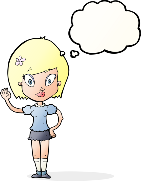 Bir insan tarafından çizilmiş düşünce baloncuğuyla el sallayan güzel kız.