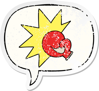 Konuşma balonlu boks eldiveni karikatürü bir insan tarafından çizilmiş sıkıntılı eski bir çıkartma