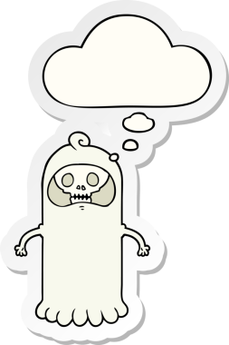 Düşünce baloncuğu insan tarafından çizilmiş bir çıkartma olan karikatürlü hayalet kafatası.