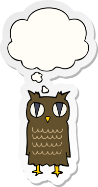 Düşünce baloncuğu insan tarafından çizilmiş bir çıkartma olan çizgi film baykuşu