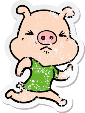 Bir insan tarafından çizilmiş tişört giymiş kızgın bir domuzun sıkıntılı çıkartması.