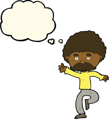 Çizgi filmdeki bıyıklı adam disko bir insan tarafından çizilmiş düşünce balonuyla dans ediyor.