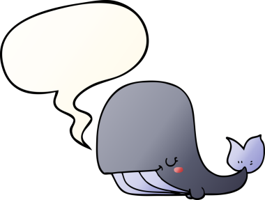 Bir insan tarafından çizilmiş, konuşma baloncuklu çizgi film balinası.