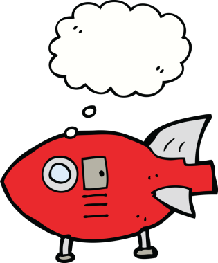 Bir insan tarafından çizilmiş düşünce baloncuklu uzay roketi.