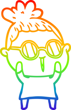 Bir insan tarafından çizilmiş gözlük takan bir karikatür kadının çizimi.