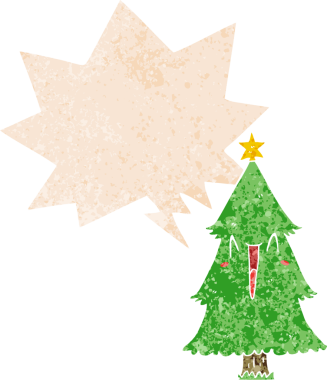 bir insan tarafından çizilmiş, grunge 'de konuşma baloncuğu olan karikatür noel ağacı.