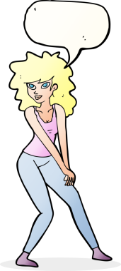 Bir insan tarafından çizilmiş konuşma balonuyla poz veren karikatür kadın.