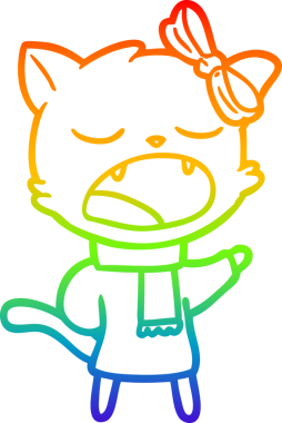 Bir insan tarafından çizilmiş kış kıyafetleri içindeki çizgi film kedisinin çizimi.