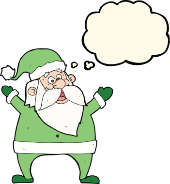 Düşünce baloncuğu çizilmiş neşeli Noel Baba çizgi filmi