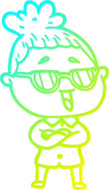 Bir insan tarafından çizilmiş gözlük takan mutlu bir kadının çizgi film çizimi.