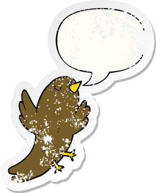 Konuşma baloncuğu olan çizgi film kuşu, bir insan tarafından çizilmiş sıkıntılı eski bir çıkartma.