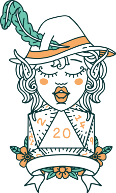 Retro Dövme Tarzı Elf Ozanı Bir insan tarafından çizilmiş doğal yirmi zar atışıyla