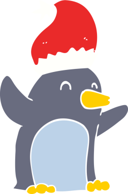 Sevimli düz renkli karikatür Noel pengueni bir insan tarafından çizilmiş.
