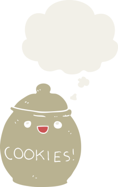 Düşünce baloncuklu tatlı kurabiye kavanozu bir insan tarafından çizilmiş.