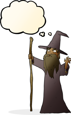 Bir insan tarafından çizilmiş düşünce baloncuğu olan ürkütücü çizgi film sihirbazı.