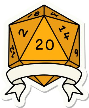 Bir insan tarafından çizilmiş 20 kritik vuruşluk D20 zar etiketi.