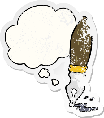 Düşünce baloncuklu çizgi film kalemi insan tarafından çizilmiş yıpranmış bir çıkartma gibi.