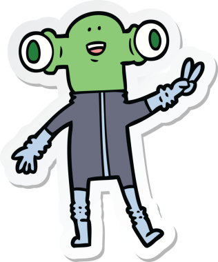 Bir insan tarafından çizilmiş barış işareti veren dost canlısı çizgi film bir uzaylının çıkartması.