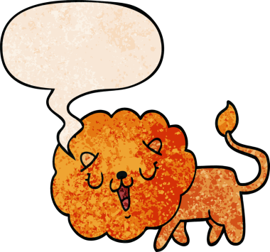 Bir insan tarafından çizilmiş eski moda konuşma baloncuğu olan sevimli çizgi film aslanı.