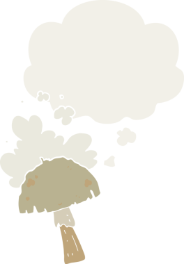 Spor bulutlu çizgi film mantarı. Düşünce baloncuğu insan tarafından çizilmiş.