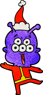 Mutlu el çizimi, insan tarafından çizilmiş Noel Baba şapkası takan bir uzaylının çizgi filmi.