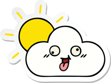 Bir insan tarafından çizilmiş şirin bir karikatür güneş ve bulut çıkartması.