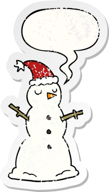 Konuşma baloncuğu olan kardan adam bir insan tarafından çizilmiş sıkıntılı eski bir çıkartma