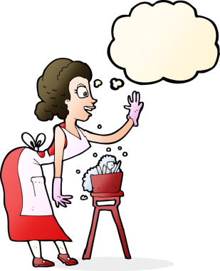 Bir insan tarafından çizilmiş düşünce baloncuğuyla yıkanan çizgi film ev hanımı.