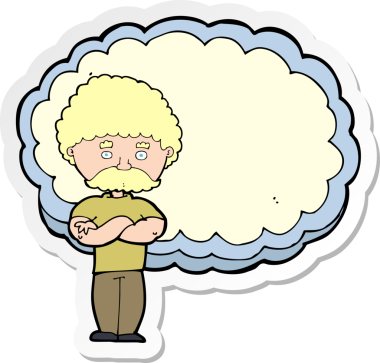 Bir insan tarafından çizilmiş metin alanı bulutu olan bir karikatür adamın çıkartması.