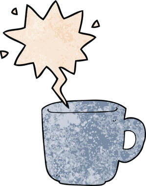 Bir insan tarafından çizilmiş eski moda konuşma baloncuklu çizgi film kahve fincanı.