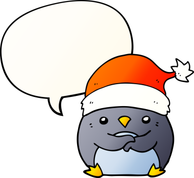 Bir insan tarafından çizilmiş, hoş bir penguen çizgi filmi, konuşma baloncuklu Noel şapkası takıyor.