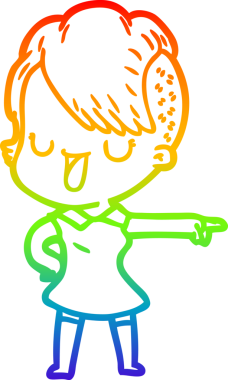 Gökkuşağı gradyan çizimi. Hipster saç kesimi bir insan tarafından çizilmiş şirin bir çizgi film kızı.